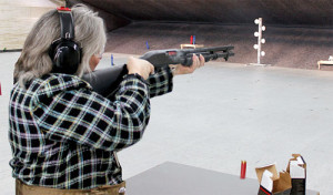 Janet from NRA Program Material Center on the shotgun stage of the NRA 3-Gun test run