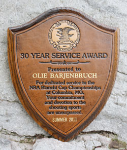 Olie Barjenbruch's plaque for 30 years of service to the NRA Bianchi Cup