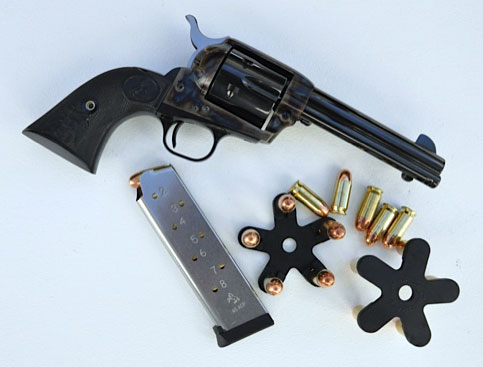 The .45ACP Single Action Army Colt can be reloaded with loose rounds, ammo thumbed out of a 1911 magazine, or with Quick Stars from Tuff Products
