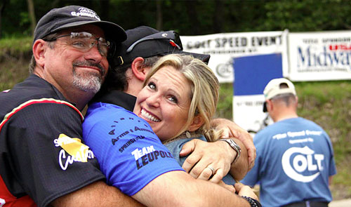 Rob Leatham joins in a welcoming hug during a recent Bianchi Cup Championship