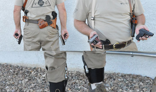 The nine pistols are carried in different configurations. The pistols in the author's hands are carried in his pockets.