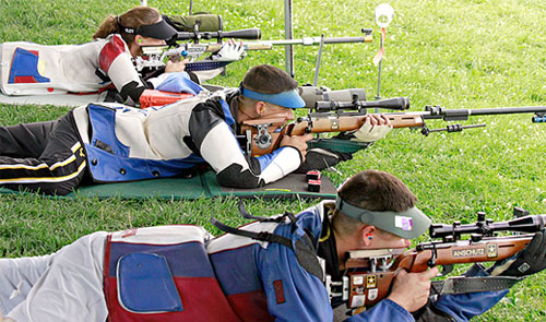 Competitors on the firing line at the Any Sight Prone Championships shoot off at Camp Perry