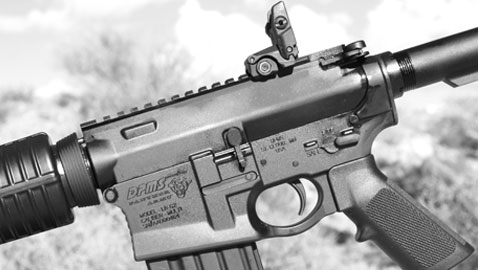 The DPMS logo is prominent on the left side of the GII AP4’s receiver, as is its large magazine well mouth.