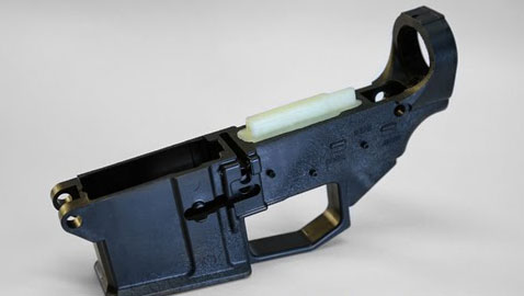 The EP-80, plastic precursor to an AR lower, uses contrasting color plastic to distinguish between what should be kept and what should be carved away.  ATF has determined that the same design, if made from aluminum, is not a firearm, but that this plastic version is a firearm. (Photo, EP Armory)